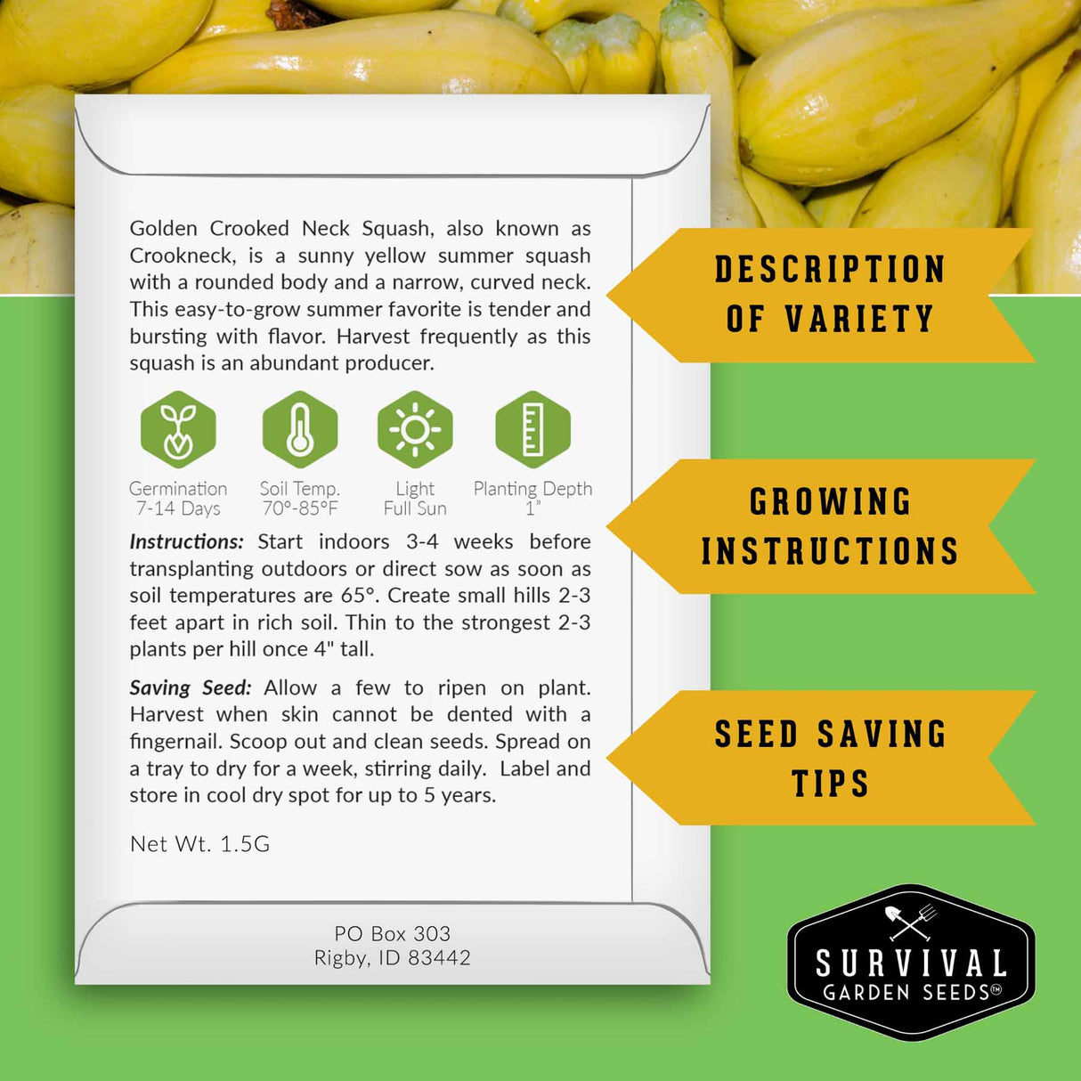 Survival Garden Seeds packaging for Golden Crooked Neck Squash with text and branding.