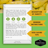 Survival Garden Seeds packaging for Golden Crooked Neck Squash with text and branding.
