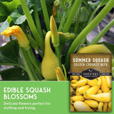 Summer squash plant with yellow flowers and a label for 'Survival Garden Seeds' on a green background.