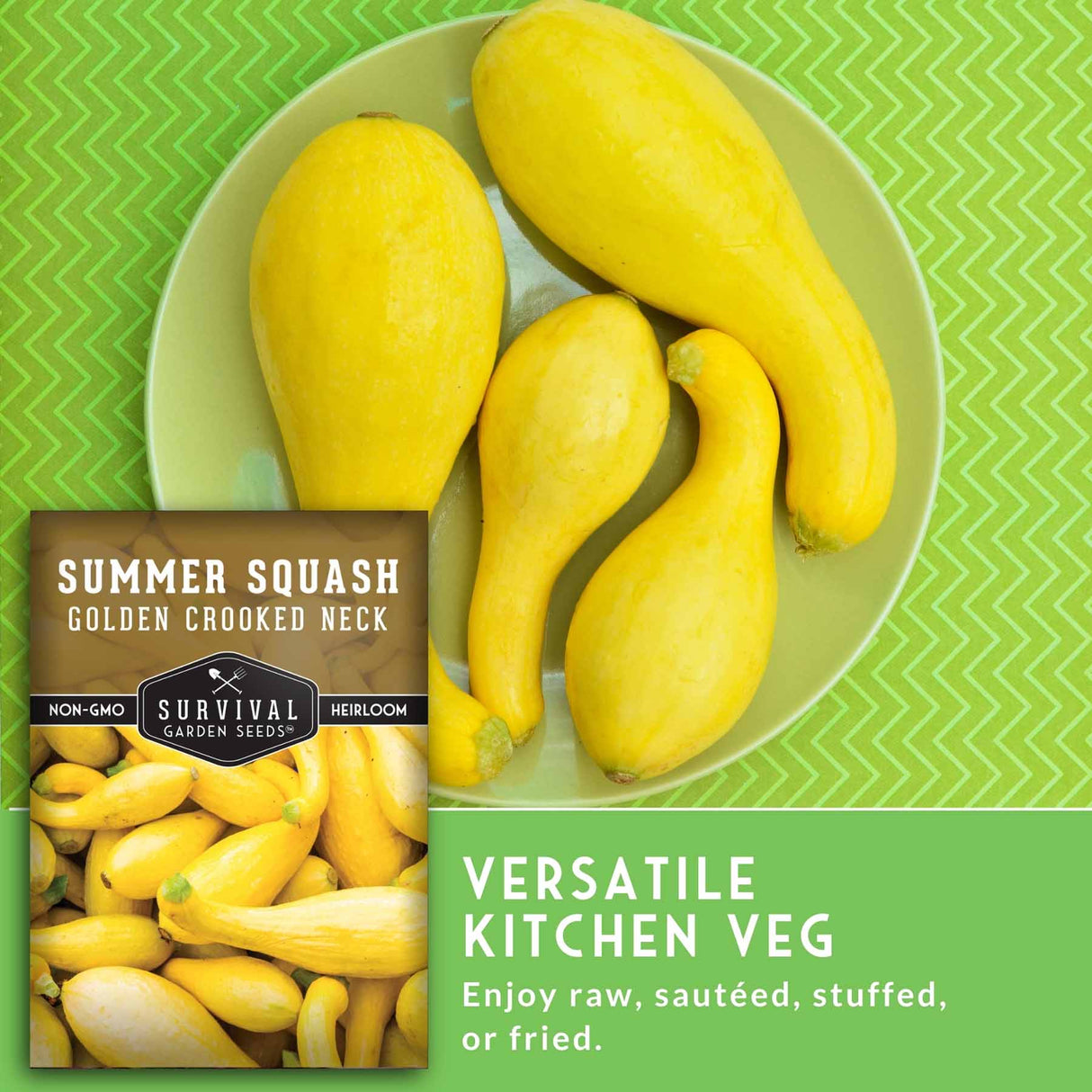 Yellow summer squash on a plate with Survival Garden Seeds packaging on a green background