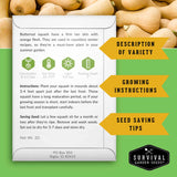 Butternut squash seed packet with growing instructions and seed saving tips on a green background.