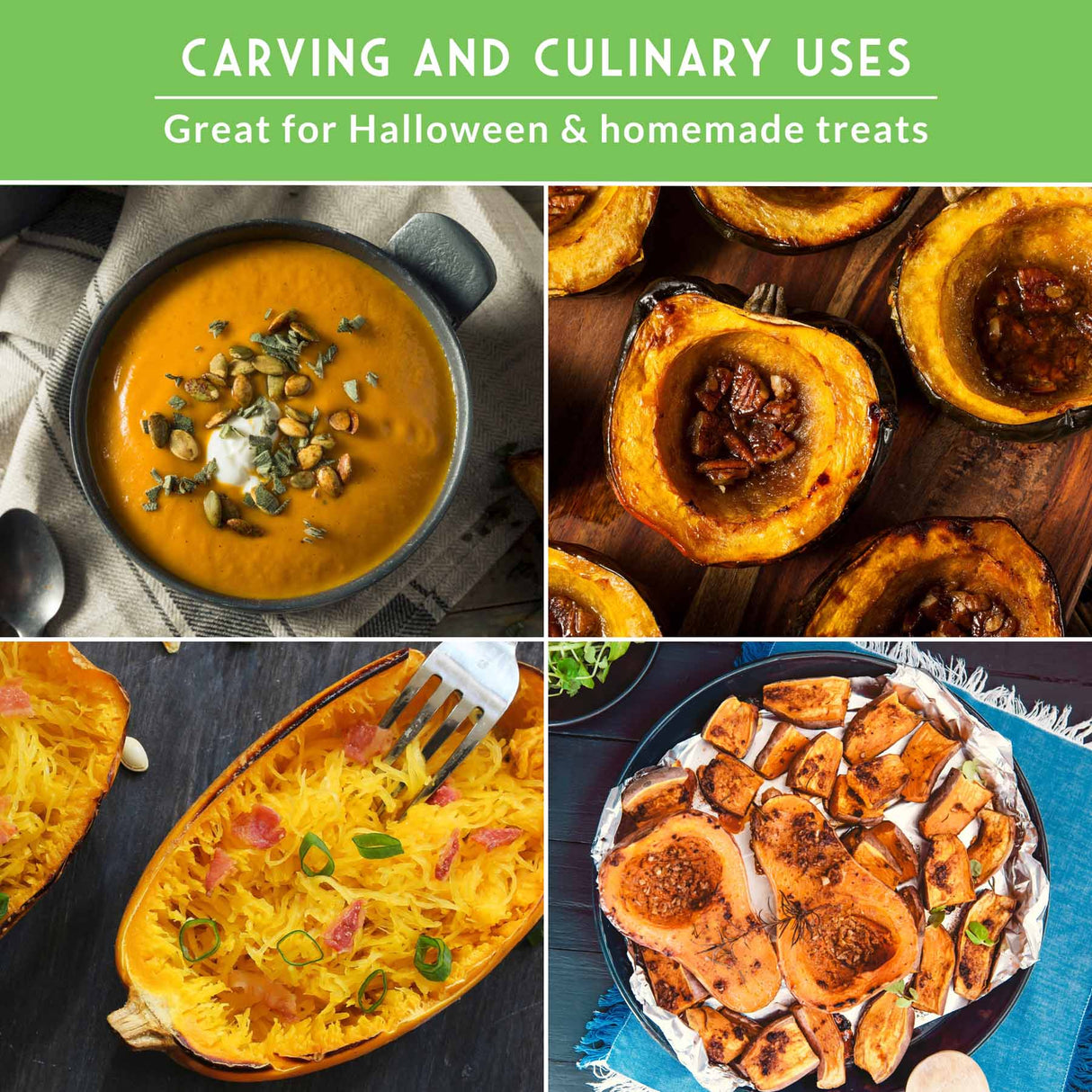 Collage of pumpkin dishes with text about carving and culinary uses, suitable for Halloween and homemade treats.