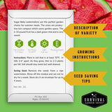 Survival Garden Seeds packaging for Sugar Baby watermelons with text and graphics on a green background.