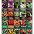 Grid of vegetable seed packets with images and names on a white background