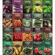 A 6x4 grid of seed packet designs for Survival Seeds, featuring different vegetables like beets, eggplants, lettuce, melons, basil, winter squash, carrots, cabbage, cucumber, pak choi, kale, peppers, pumpkins, radish, tomatoes, zucchini, summer squash, watermelon, and more, each with its own colorful vegetable photo and dark label.