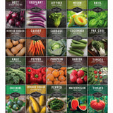 A 6x4 grid of seed packet designs for Survival Seeds, featuring different vegetables like beets, eggplants, lettuce, melons, basil, winter squash, carrots, cabbage, cucumber, pak choi, kale, peppers, pumpkins, radish, tomatoes, zucchini, summer squash, watermelon, and more, each with its own colorful vegetable photo and dark label.
