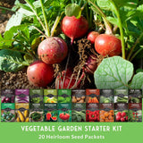 A vegetable garden starter kit advertisement showing freshly harvested red radishes with green tops in a garden, a row of illustrated seed packet examples along the bottom, and text reading 'VEGETABLE GARDEN STARTER KIT' and '20 Heirloom Seed Packets'.