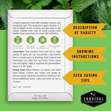 Survival Garden Seeds packaging with seed information and growing instructions on a green background