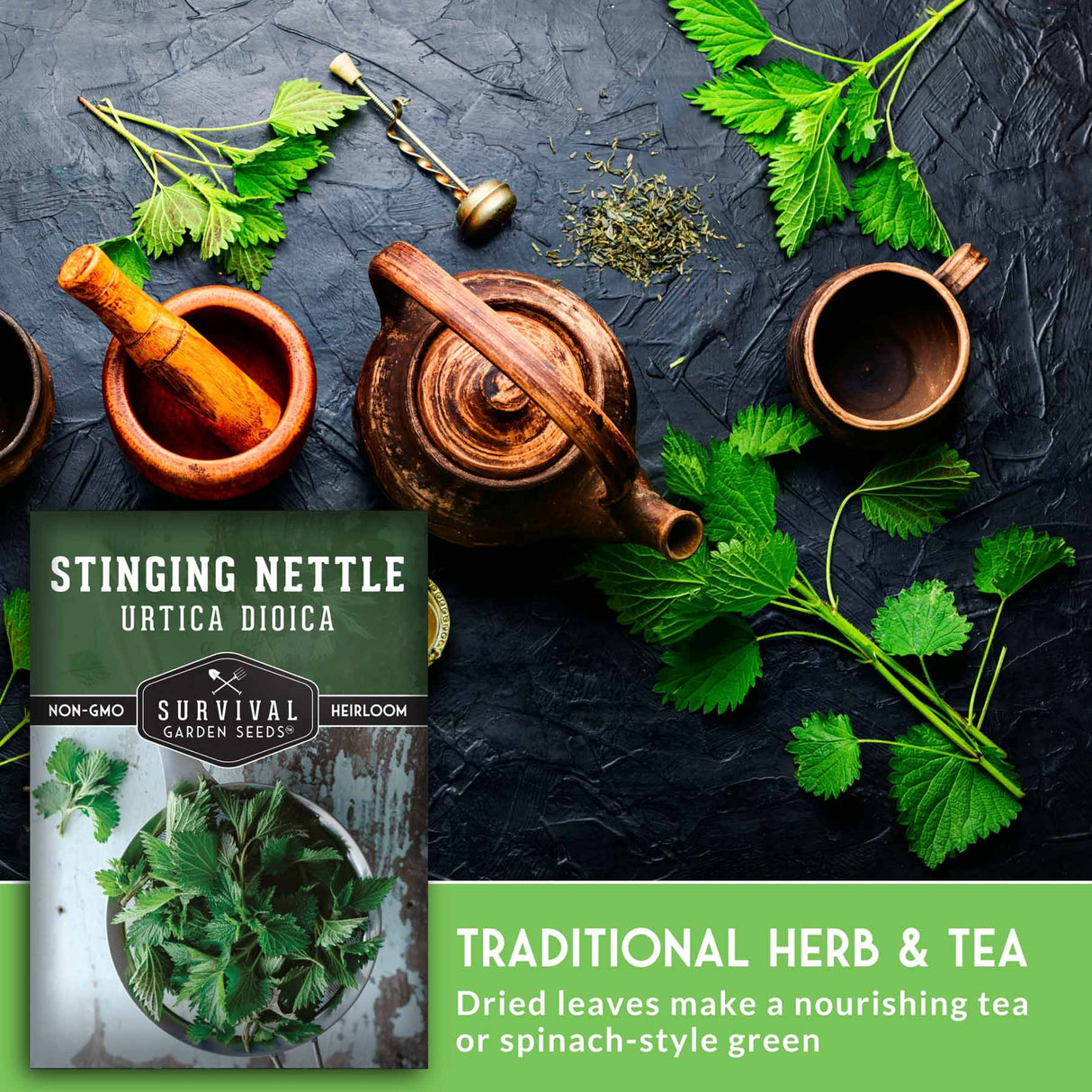 Herbal tea set with a package of Stinging Nettle seeds on a dark surface.