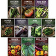 Collection of vegetable seed packets with images and names on a white background