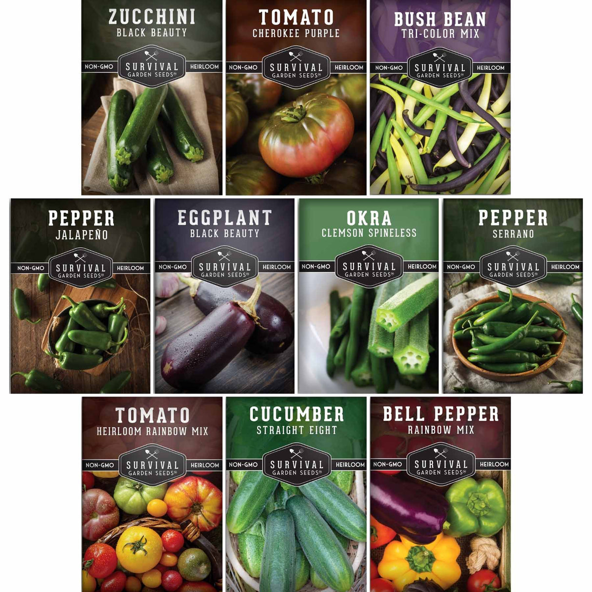 Collection of vegetable seed packets with images and names on a white background