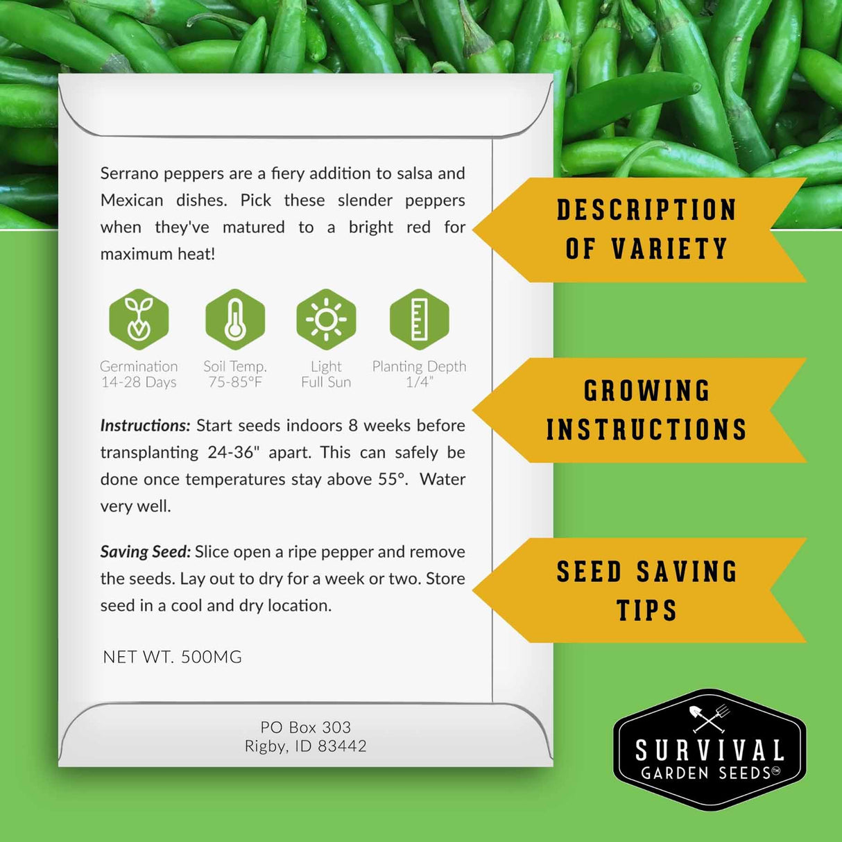 Survival Garden Seeds packaging with Serrano pepper information on a green background