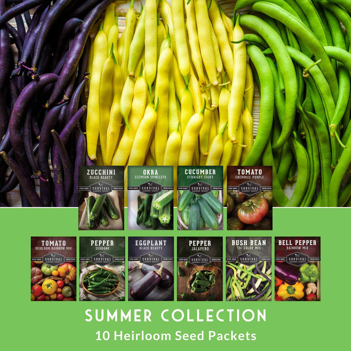 Heirloom seed packets for various vegetables with corresponding colored beans on a green background.