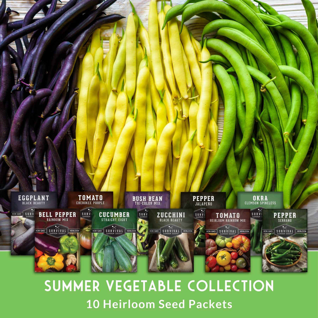 Colorful display of purple, yellow, and green beans with seed packets labeled for a summer vegetable collection.