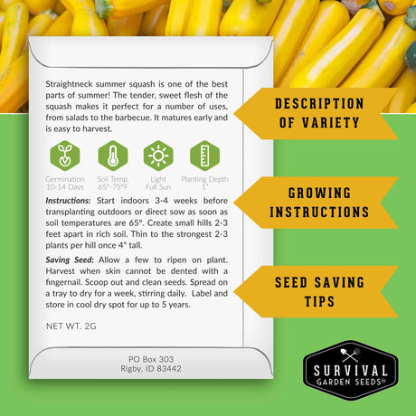 Survival Garden Seeds packaging with yellow summer squash and growing instructions.