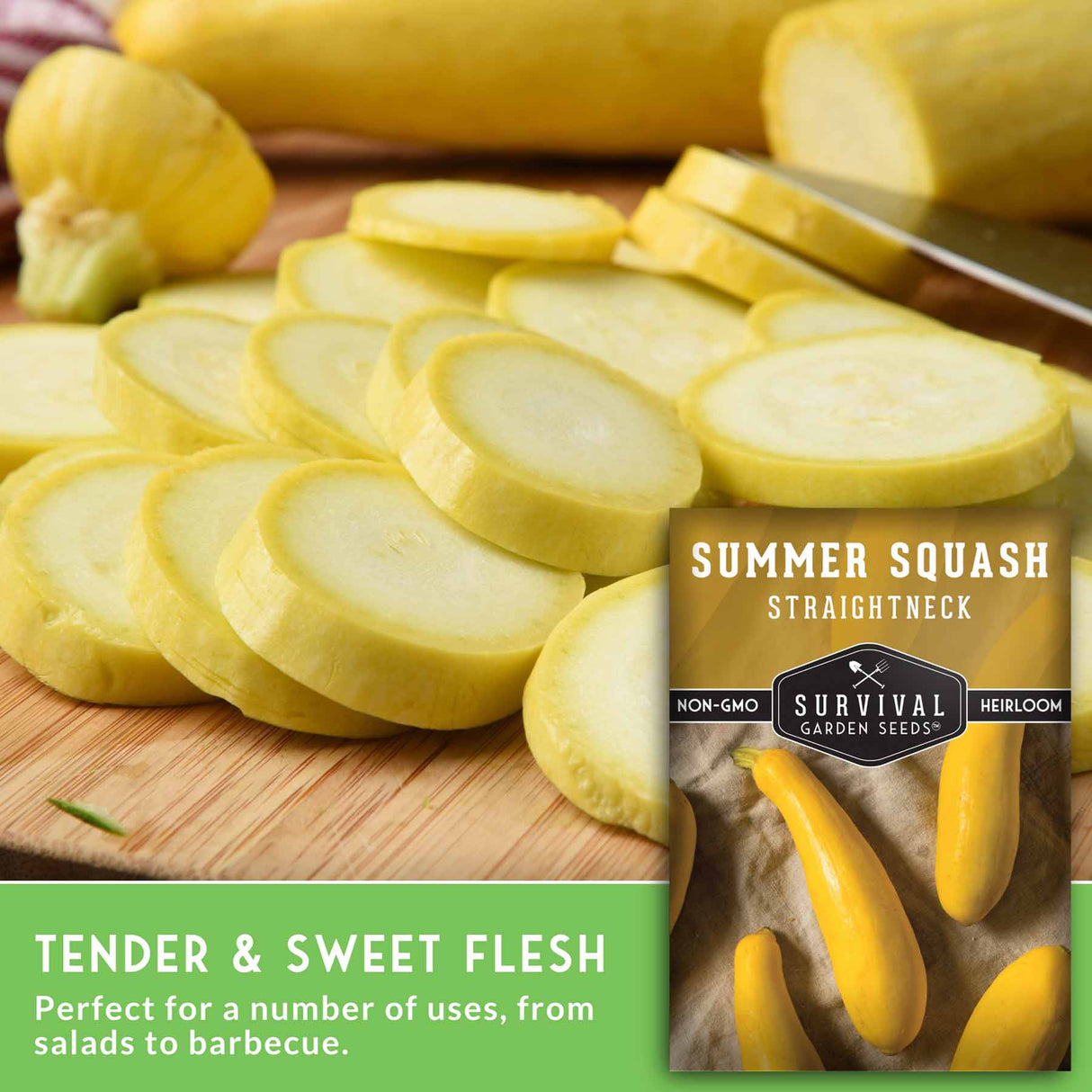 Sliced yellow summer squash on a cutting board with a brand label.