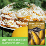 Summer squash stack with greenery on top, labeled 'Summer Squash Straightneck' from Survival Garden Seeds.