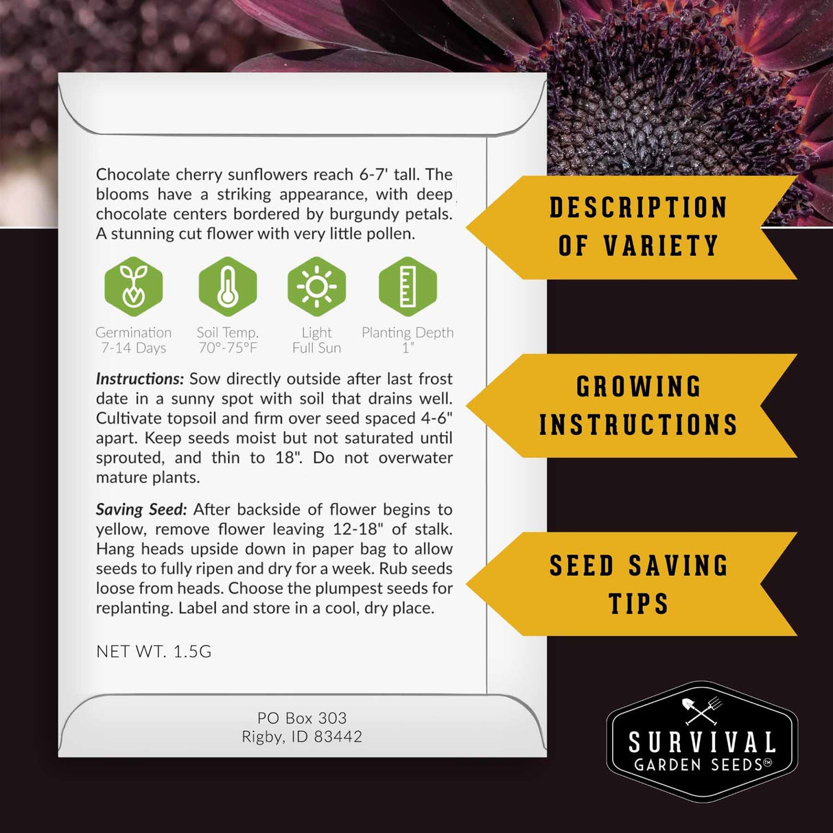 Survival Garden Seeds packaging with sunflower seeds and growing instructions.