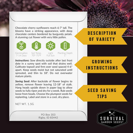 Survival Garden Seeds packaging with sunflower seeds and growing instructions.