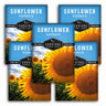 Five seed packet designs for 'Sunflower Mammoth' seeds by Survival Garden Seeds are arranged in a fan-like layout. The packets feature bright blue headers with white text and a large, detailed photograph of a yellow and brown sunflower on the lower portion.