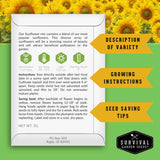 Sunflower seed packet with growing instructions and survival garden seeds logo on a green background with sunflowers.