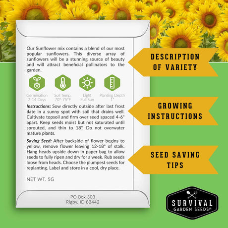 Sunflower seed packet with growing instructions and survival garden seeds logo on a green background with sunflowers.
