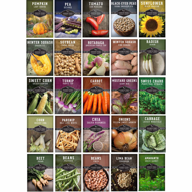 25 packets of heirloom survival garden seeds