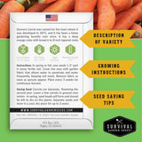 Survival Garden Seeds carrot seed packet with text and branding on a green background