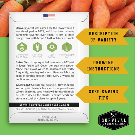 Survival Garden Seeds carrot seed packet with text and branding on a green background
