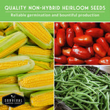 Collage of corn, tomatoes, and green beans with 'Survival Garden Seeds' logo on a green background.