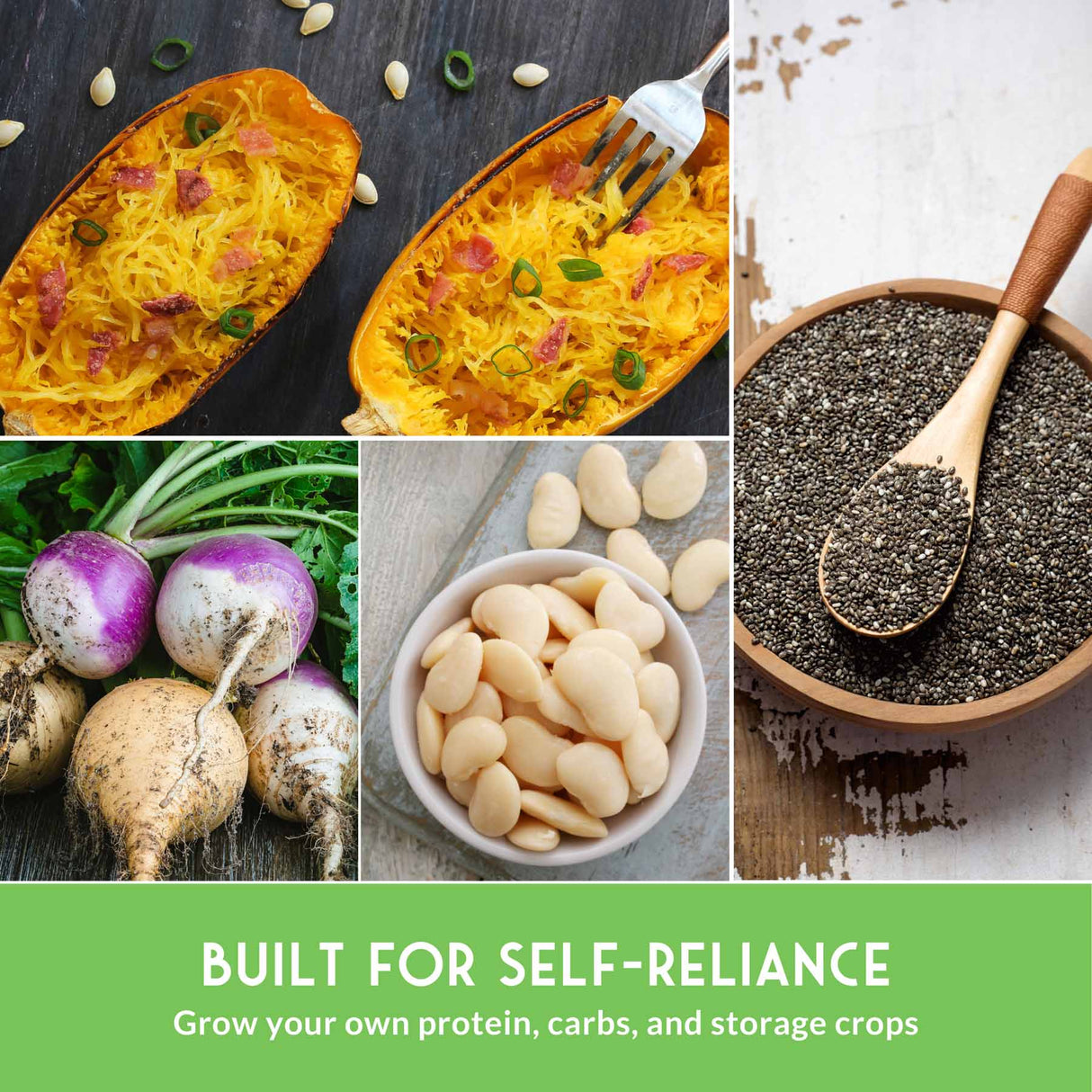 Collage of various foods with text 'Built for Self-Reliance' on a green background.