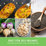 Collage of various foods with text 'Built for Self-Reliance' on a green background.