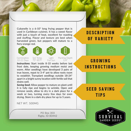 Survival Garden Seeds packaging with cubanelle pepper information and instructions.