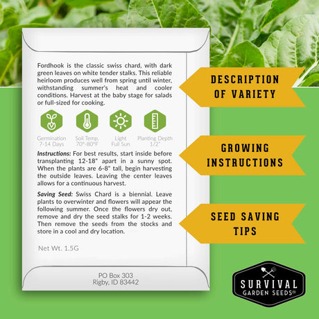 Survival Garden Seeds packaging with seed variety description, growing instructions, and seed saving tips on a green background.