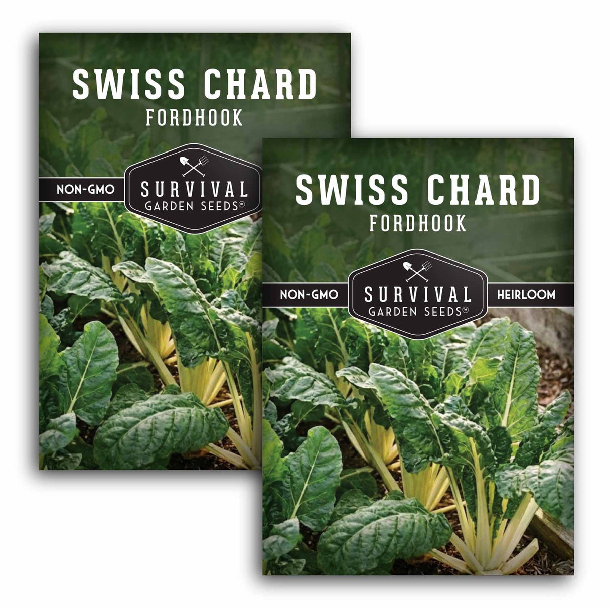 Two packages of Survival Garden Seeds Swiss Chard Fordhook on a white background