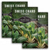 Three packages of Survival Garden Seeds Swiss Chard with green plants in the background.