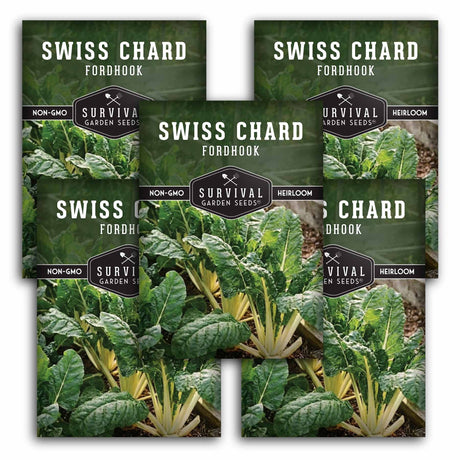 Survival Garden Seeds Swiss Chard Fordhook packages with greenery background