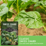 Swiss chard plants with a seed packet labeled 'Survival Garden Seeds' in the foreground.