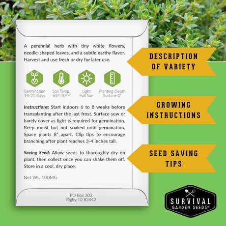 Seed packet with growing instructions and seed saving tips on a green background