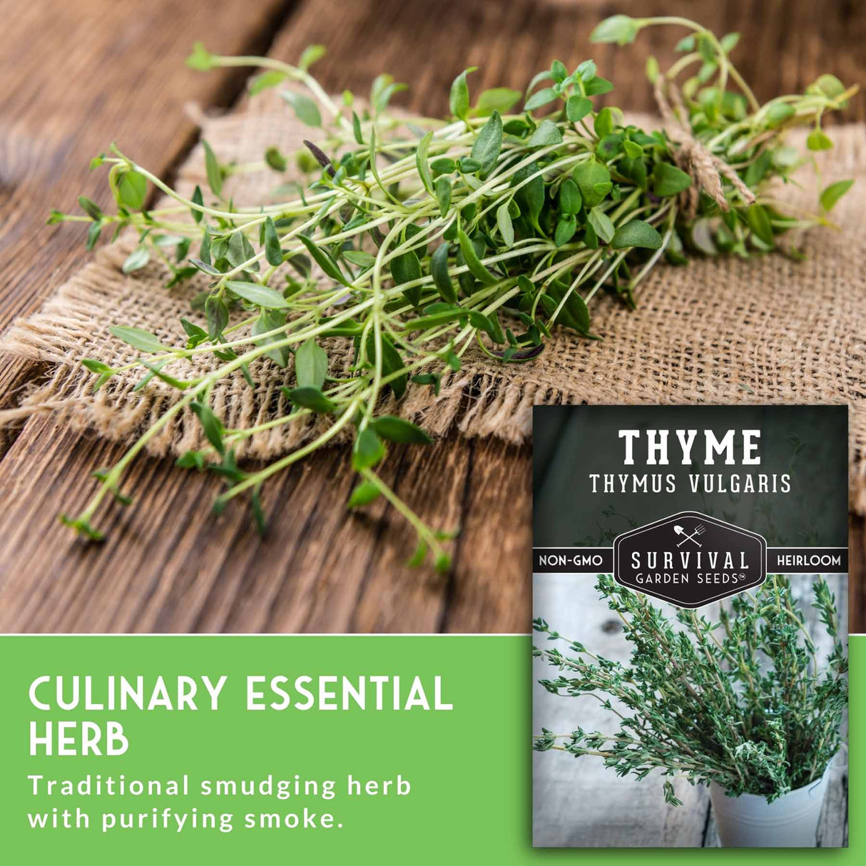 Bunch of fresh thyme on a wooden surface with a seed packet labeled 'Survival Garden Seeds' in the corner.