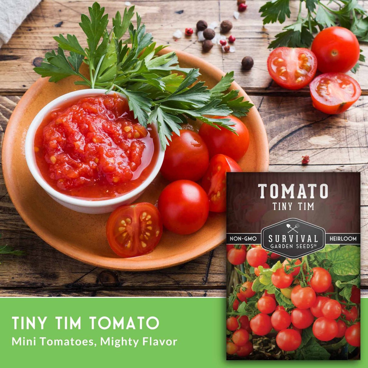 Tomato seeds package with fresh tomatoes and tomato sauce on a wooden background