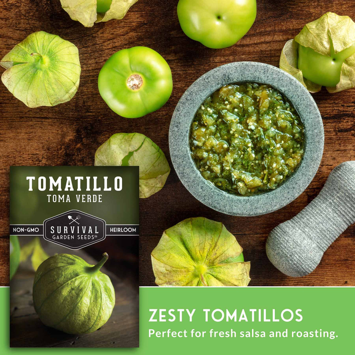 Tomatillo seeds packet with fresh tomatillos and salsa on a wooden surface