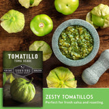 Tomatillo seeds packet with fresh tomatillos and salsa on a wooden surface