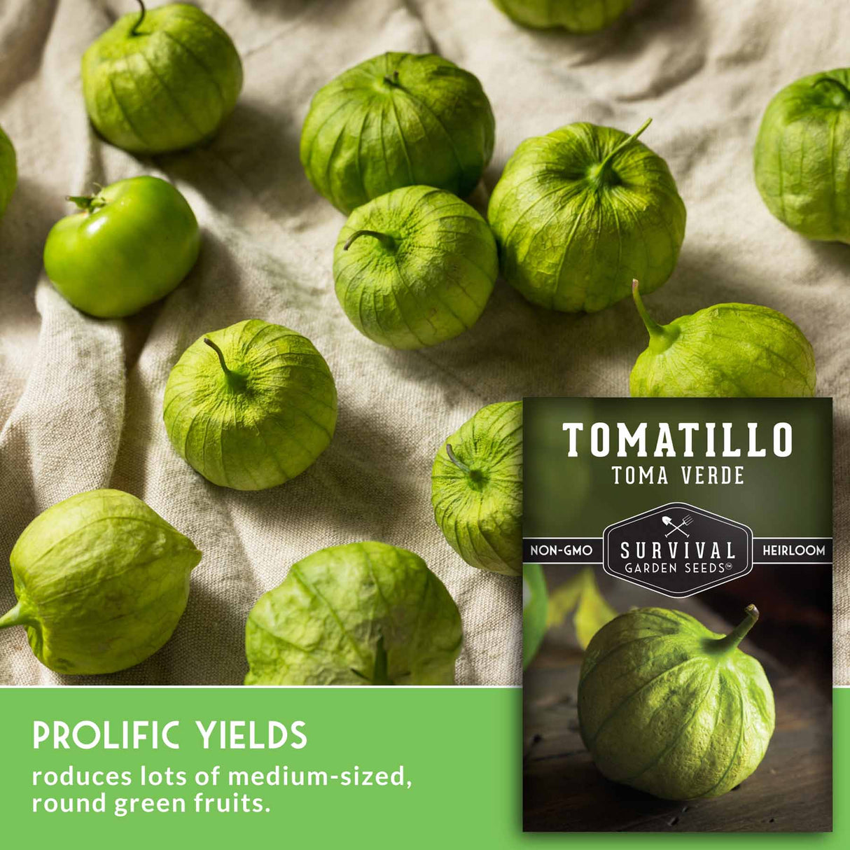 Green tomatillos on a textured surface with Survival Garden Seeds packaging.