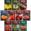 Collection of tomato seed packets with images and names on a white background