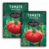 Two packages of Survival Garden Seeds Tomato Beefsteak with a tomato image on a green background.