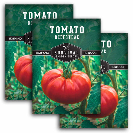 Three packages of Survival Garden Seeds Tomato Beefsteak with tomato images on a green background.