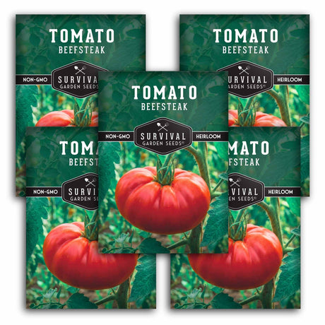 Survival Garden Seeds Tomato Beefsteak packages with images of tomatoes on a green background.