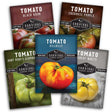 Five packages of Survival Garden Seeds tomato varieties on a white background