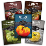 Five packages of Survival Garden Seeds tomato varieties on a white background